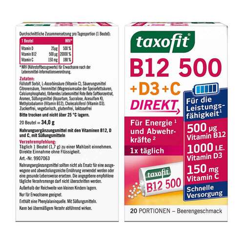 Taxofit Energie B12 500 + D3 + C Direkt Granulat - 9