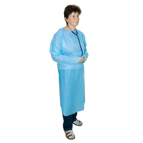 Sch&uuml;rze Einmal PE blau 120 cm unsteril mit &Auml;rmel - 1