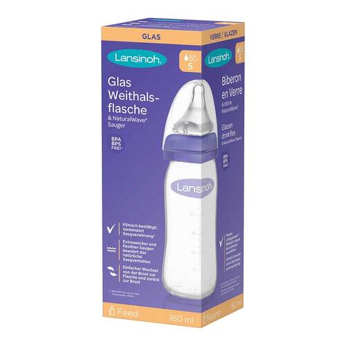 Lansinoh Glas Weithalsflasche 160 ml mit Sauger S - 1