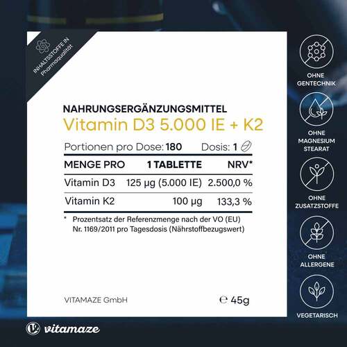 Vitamin D3 K2 5000 I.E. / 100 µg hochdosiert Tabletten  - 5