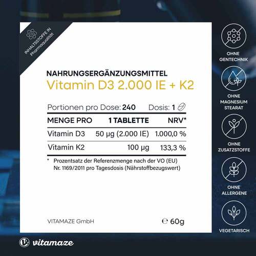 Vitamin D3 K2 2000 I.E. / 100 µg hochdosiert Tabletten  - 5