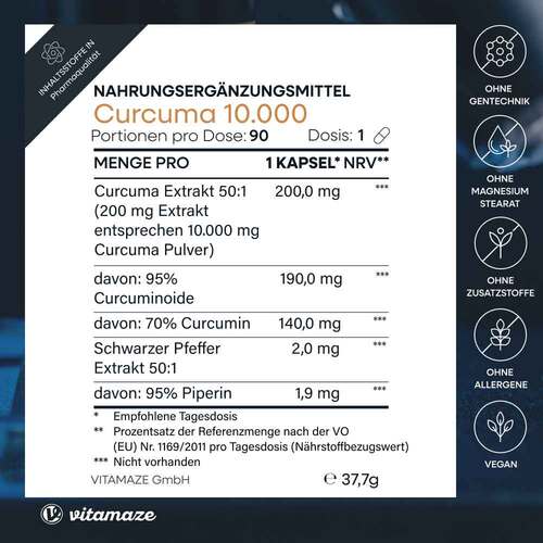 Curcuma 10.000 + Piperin hochdosiert vegan Kapseln - 6